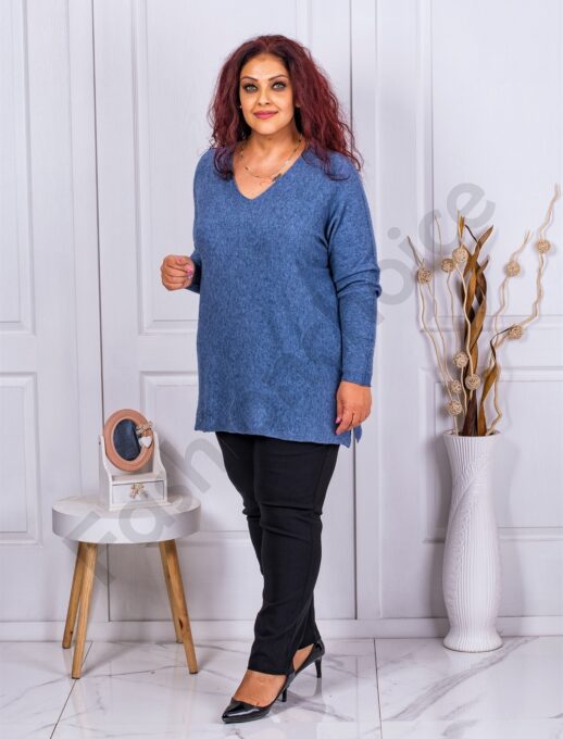 Plus size πλεκτή μπλούζα με V λαιμόκοψη-μπλε ανοιχτό-κωδ 23697-8