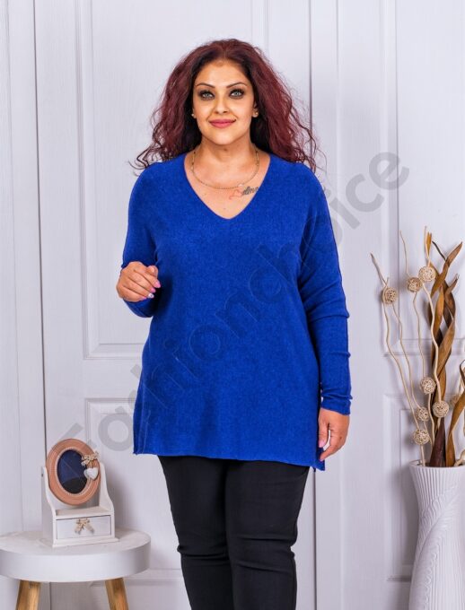 Plus size πλεκτή μπλούζα με V λαιμόκοψη-μπλε ρουά-κωδ 23697-6