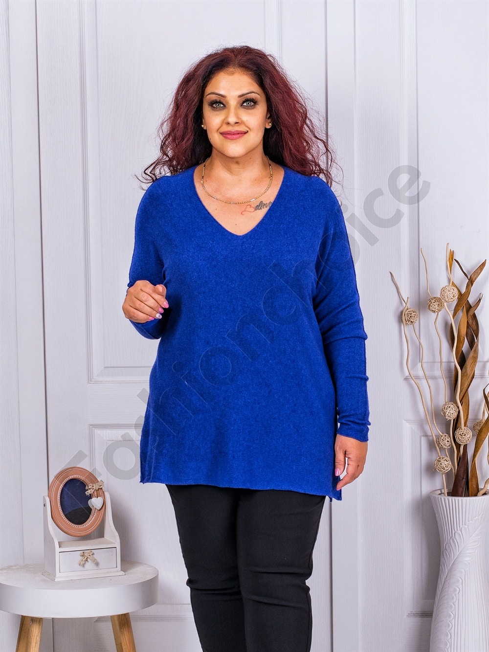 Plus size πλεκτή μπλούζα με V λαιμόκοψη-μπλε ρουά-κωδ 23697-6