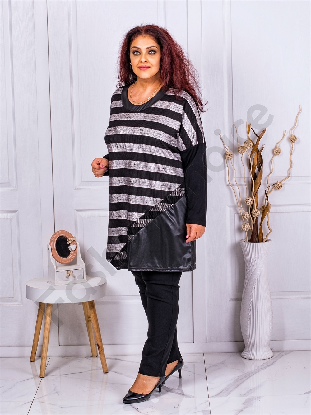 Plus size ασύμμετρη τουνίκ με ασημί ριγέ-κωδ 1116