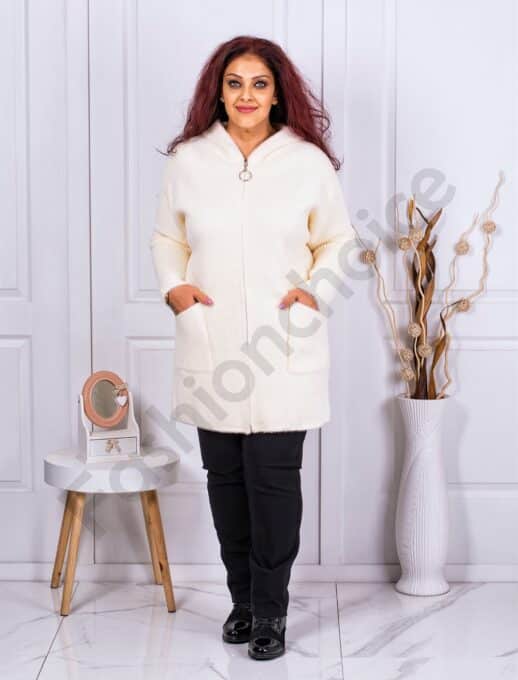 Plus size γούνινη ζακέτα με πλεκτά μανίκια-εκρού-κωδ 33023-2