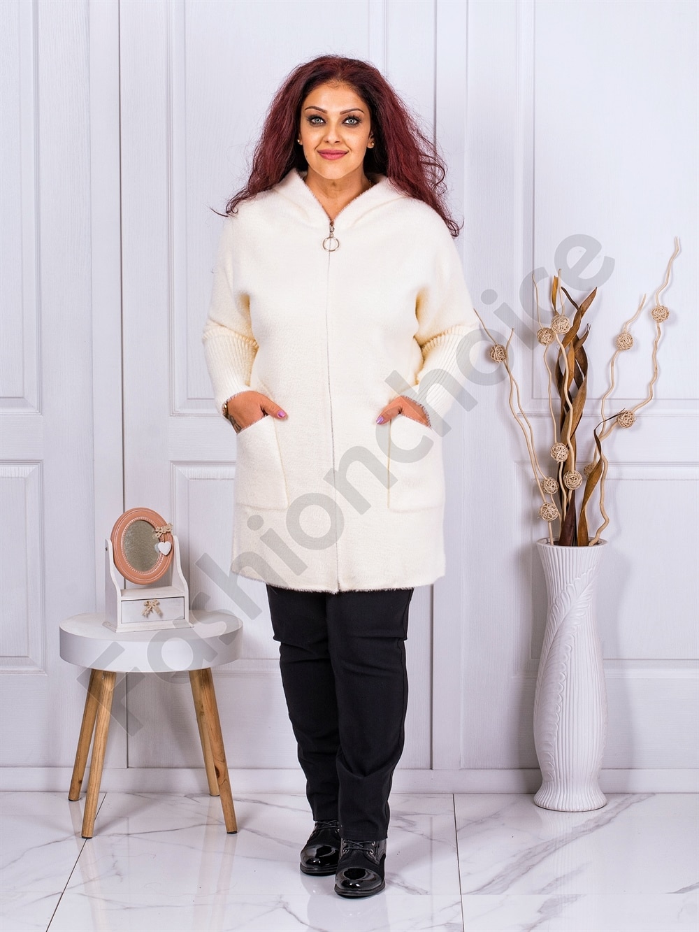 Plus size γούνινη ζακέτα με πλεκτά μανίκια-εκρού-κωδ 33023-2