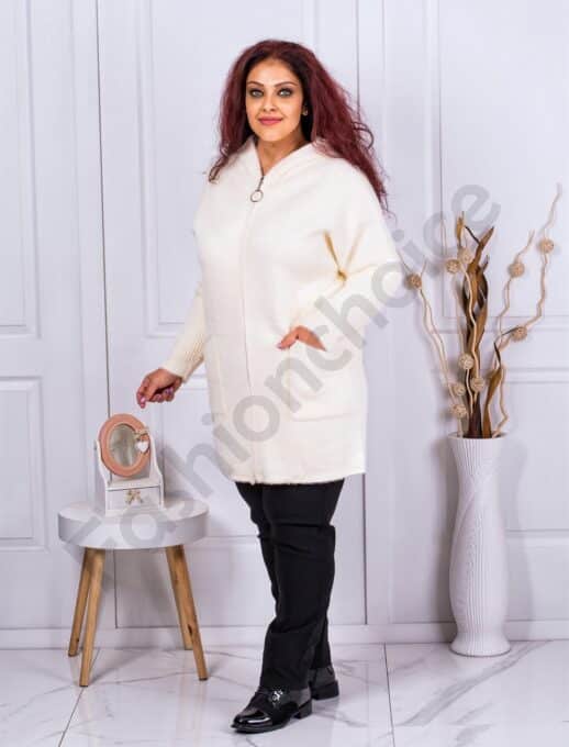 Plus size γούνινη ζακέτα με πλεκτά μανίκια-εκρού-κωδ 33023-2