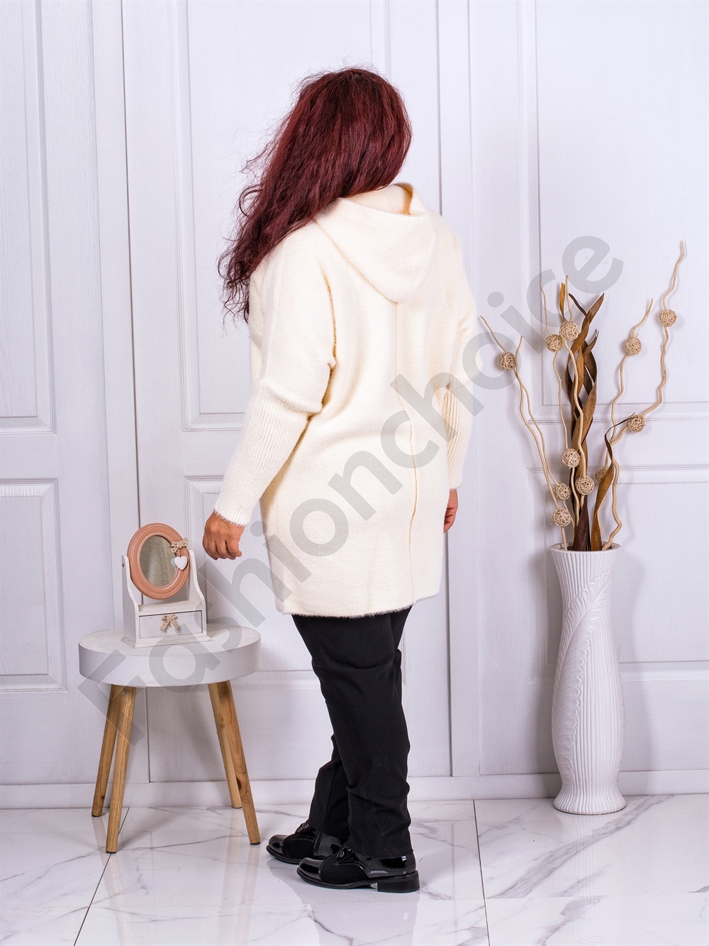 Plus size γούνινη ζακέτα με πλεκτά μανίκια-εκρού-κωδ 33023-2