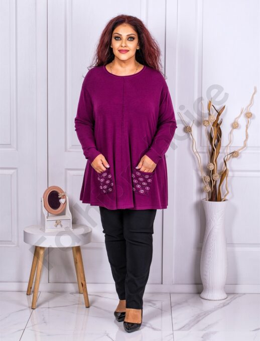 Plus size τουνίκ ψιλό πλεκτό με απλικέ στη τσέπη-ματζέντα-κωδ 1707-2