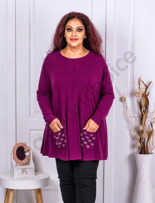 Plus size τουνίκ ψιλό πλεκτό με απλικέ στη τσέπη-ματζέντα-κωδ 1707-2