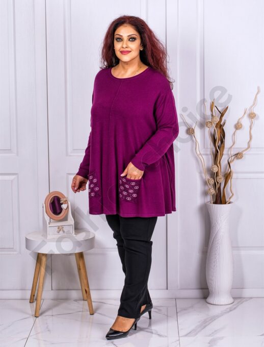 Plus size τουνίκ ψιλό πλεκτό με απλικέ στη τσέπη-ματζέντα-κωδ 1707-2