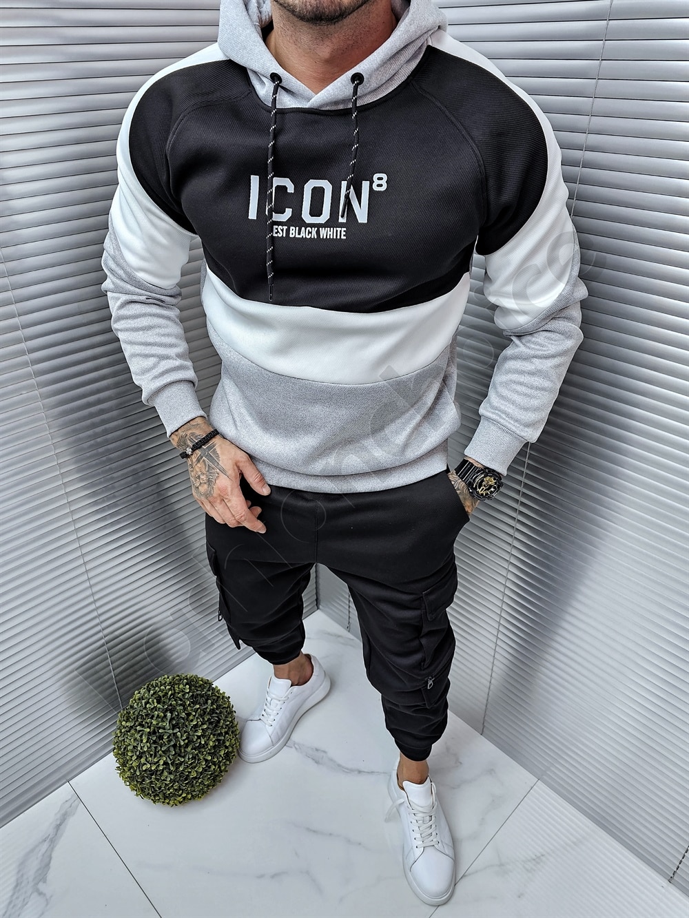 Ανδρικό δίχρωμο σετ φόρμα Hoodie με επένδυση-μαύρο-κωδ 8633-3
