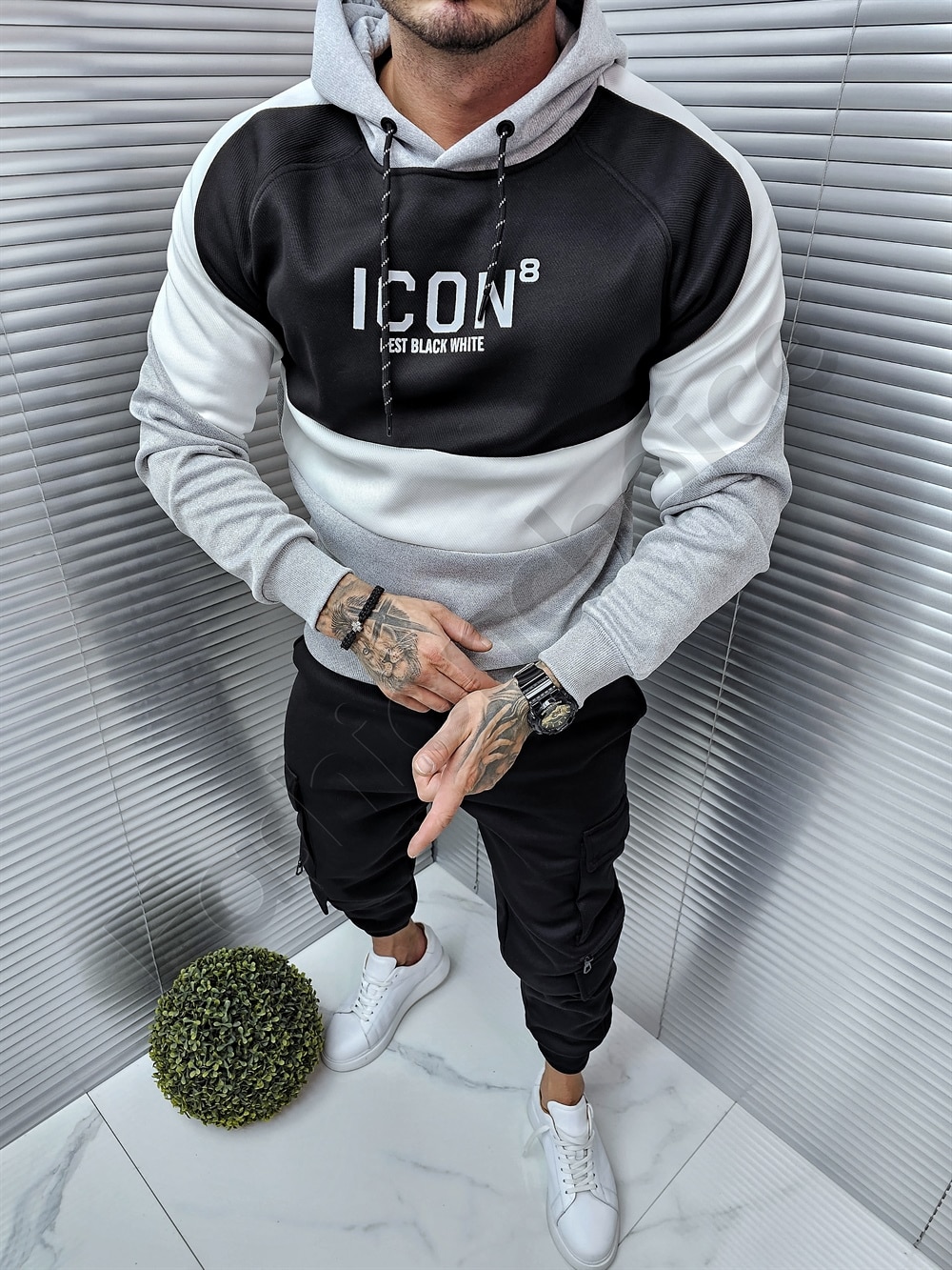 Ανδρικό δίχρωμο σετ φόρμα Hoodie με επένδυση-μαύρο-κωδ 8633-3