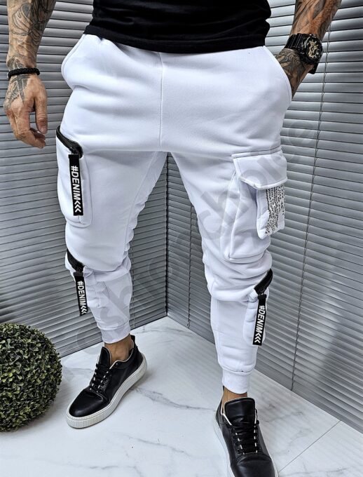 Ανδρικό παντελόνι φούτερ φόρμα με Cargo τσέπες-λευκό-κωδ 9909-2