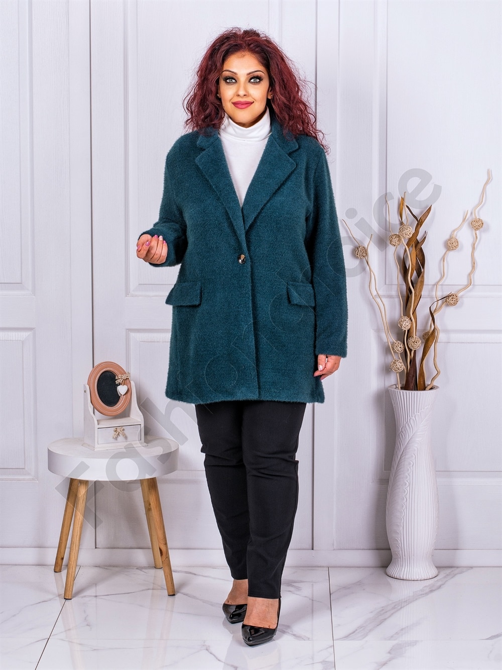 Plus size παλτό fleece-πετρόλ-κωδ 3137-2