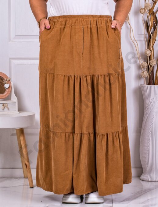 Plus size maxi κοτλέ φούστα με βολάν-καμηλό-κωδ 3160-3