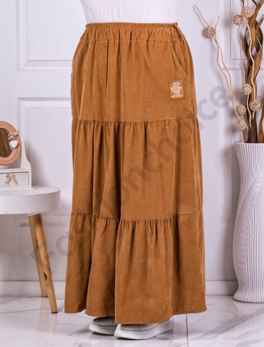 Plus size maxi κοτλέ φούστα με βολάν-καμηλό-κωδ 3160-3