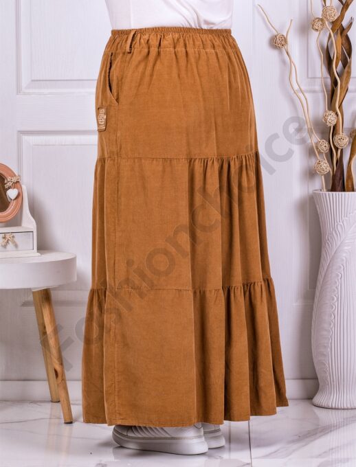 Plus size maxi κοτλέ φούστα με βολάν-καμηλό-κωδ 3160-3