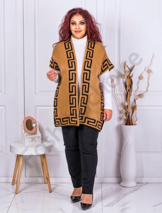Plus size πλεκτό γιλέκο με μοτίβο μαιάνδρο-καμηλό-κωδ 23008