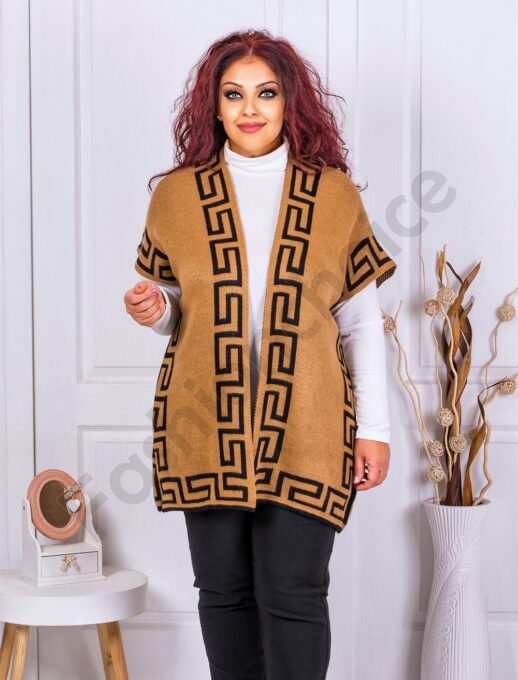 Plus size πλεκτό γιλέκο με μοτίβο μαιάνδρο-καμηλό-κωδ 23008