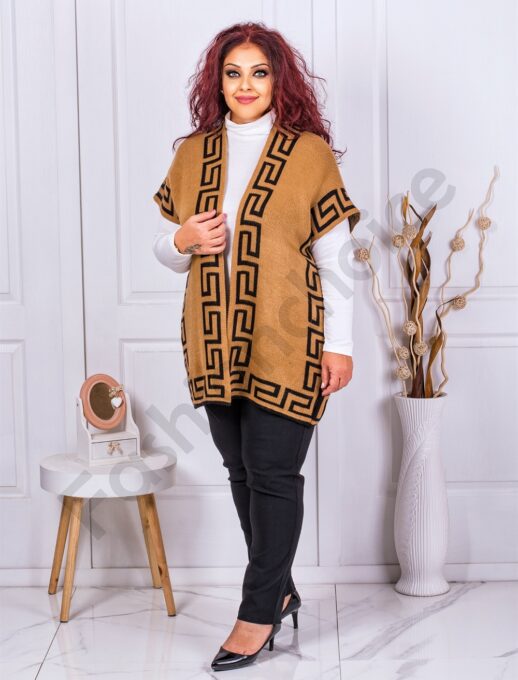 Plus size πλεκτό γιλέκο με μοτίβο μαιάνδρο-καμηλό-κωδ 23008