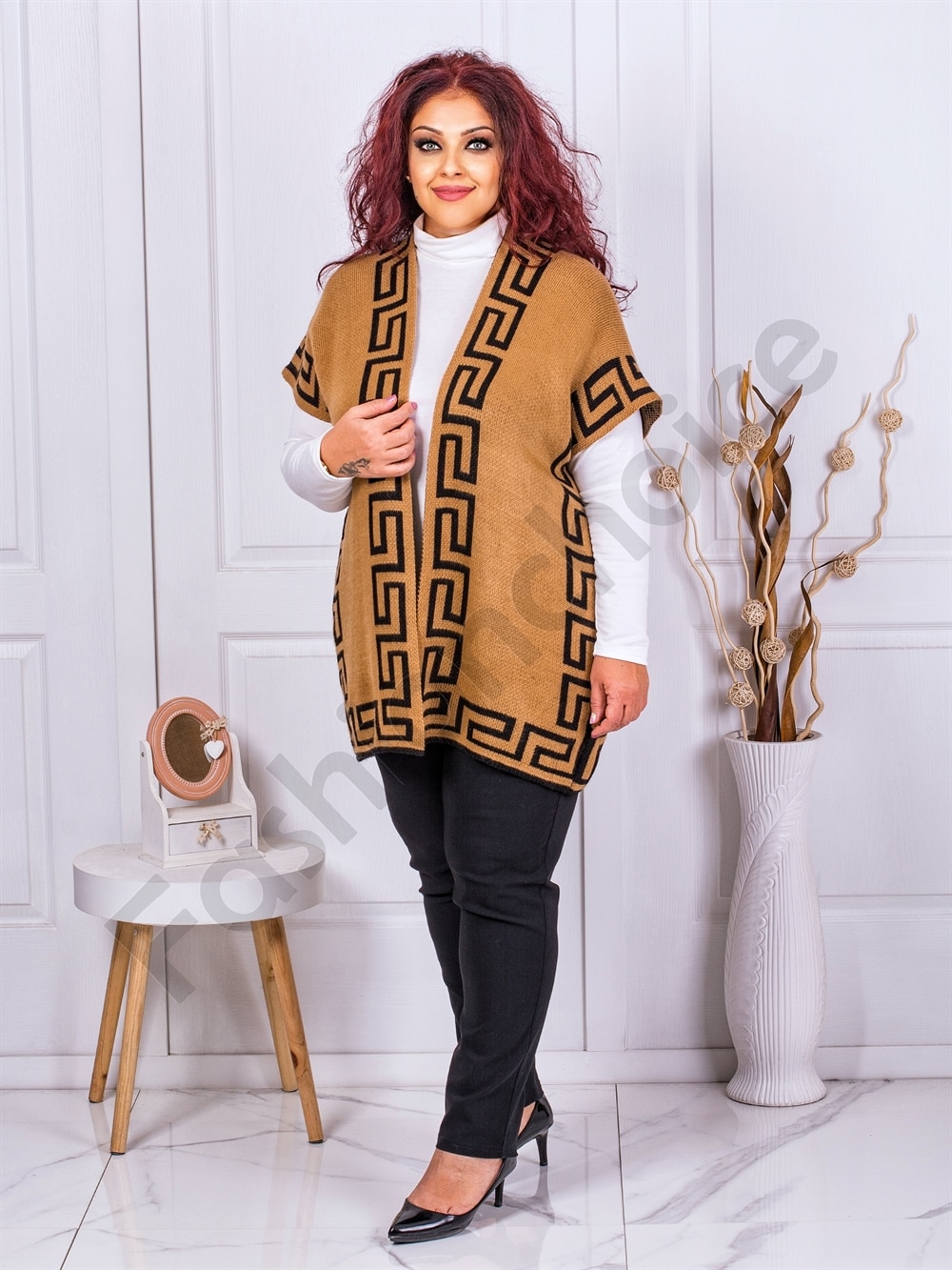 Plus size πλεκτό γιλέκο με μοτίβο μαιάνδρο-καμηλό-κωδ 23008