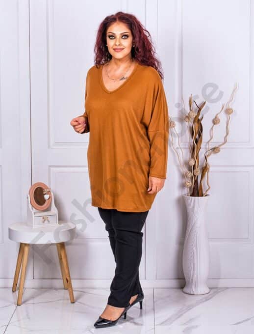 Plus size τουνίκ ψιλό πλεκτό με V λαιμόκοψη-καμηλό-κωδ 1278-3