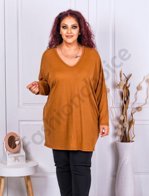 Plus size τουνίκ ψιλό πλεκτό με V λαιμόκοψη-καμηλό-κωδ 1278-3