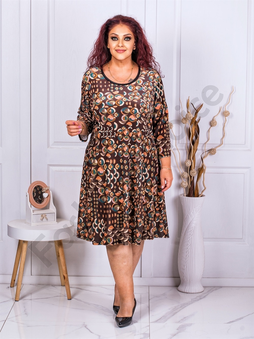 Plus size φόρεμα με πουά σχέδιο-καφέ-κωδ 1728-3