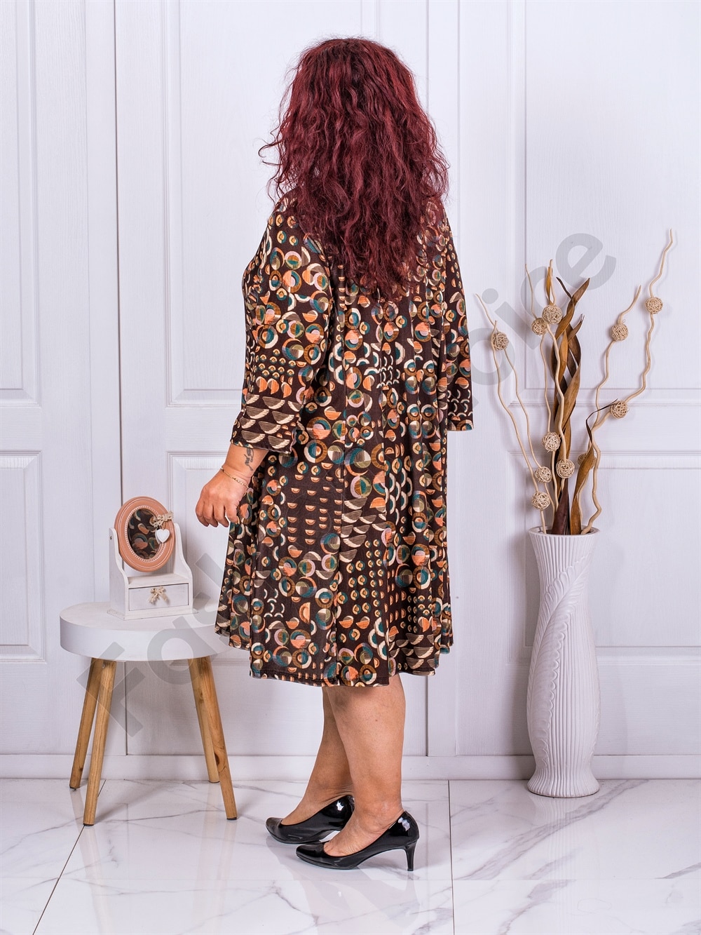 Plus size φόρεμα με πουά σχέδιο-καφέ-κωδ 1728-3