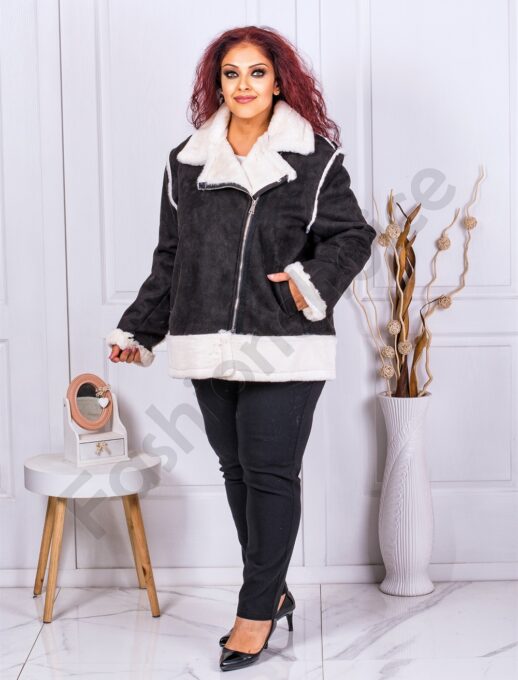 Plus size βελούδινο μπουφάν με γούνα-μαύρο-κωδ 0118