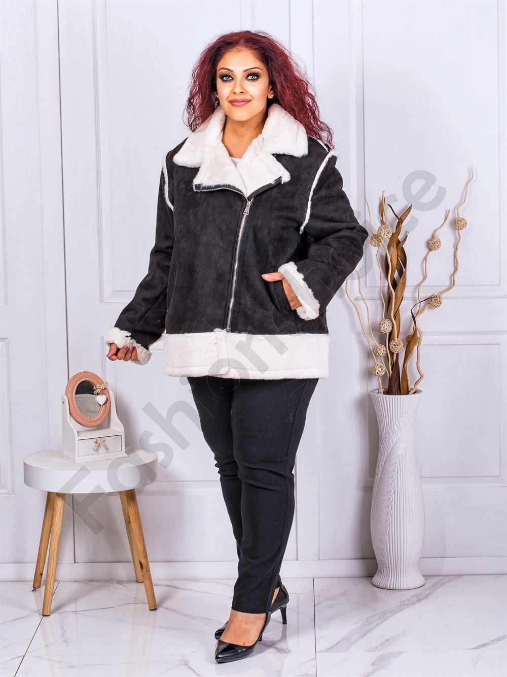 Plus size βελούδινο μπουφάν με γούνα-μαύρο-κωδ 0118