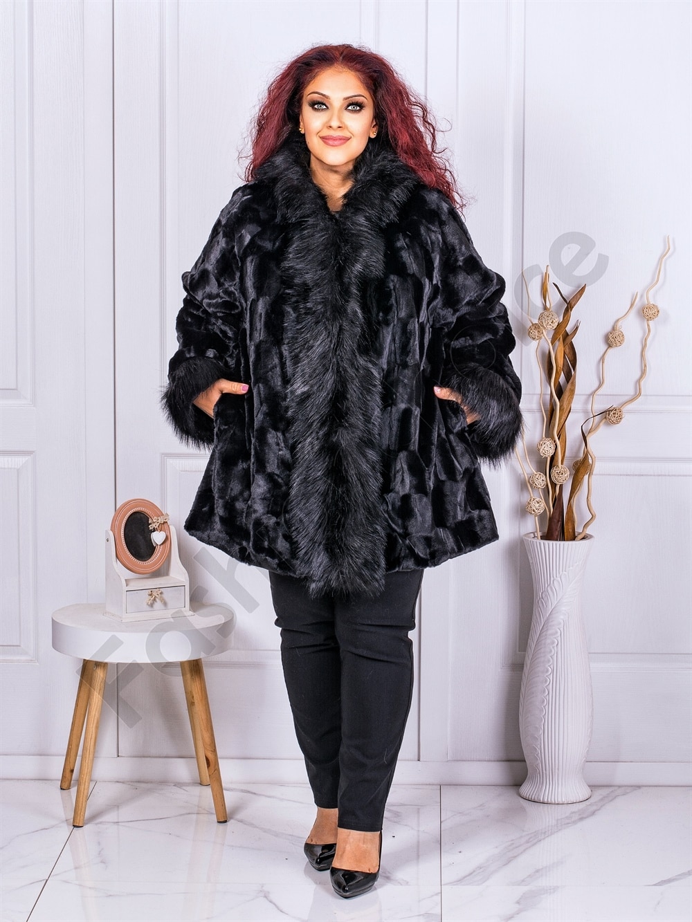 Plus size γούνινο παλτό με κουκούλα-κωδ 9055