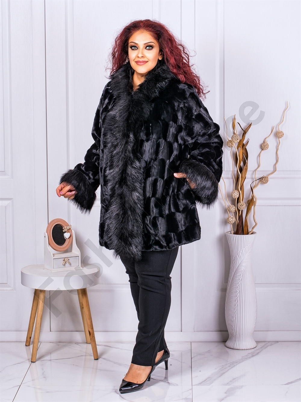 Plus size γούνινο παλτό με κουκούλα-κωδ 9055