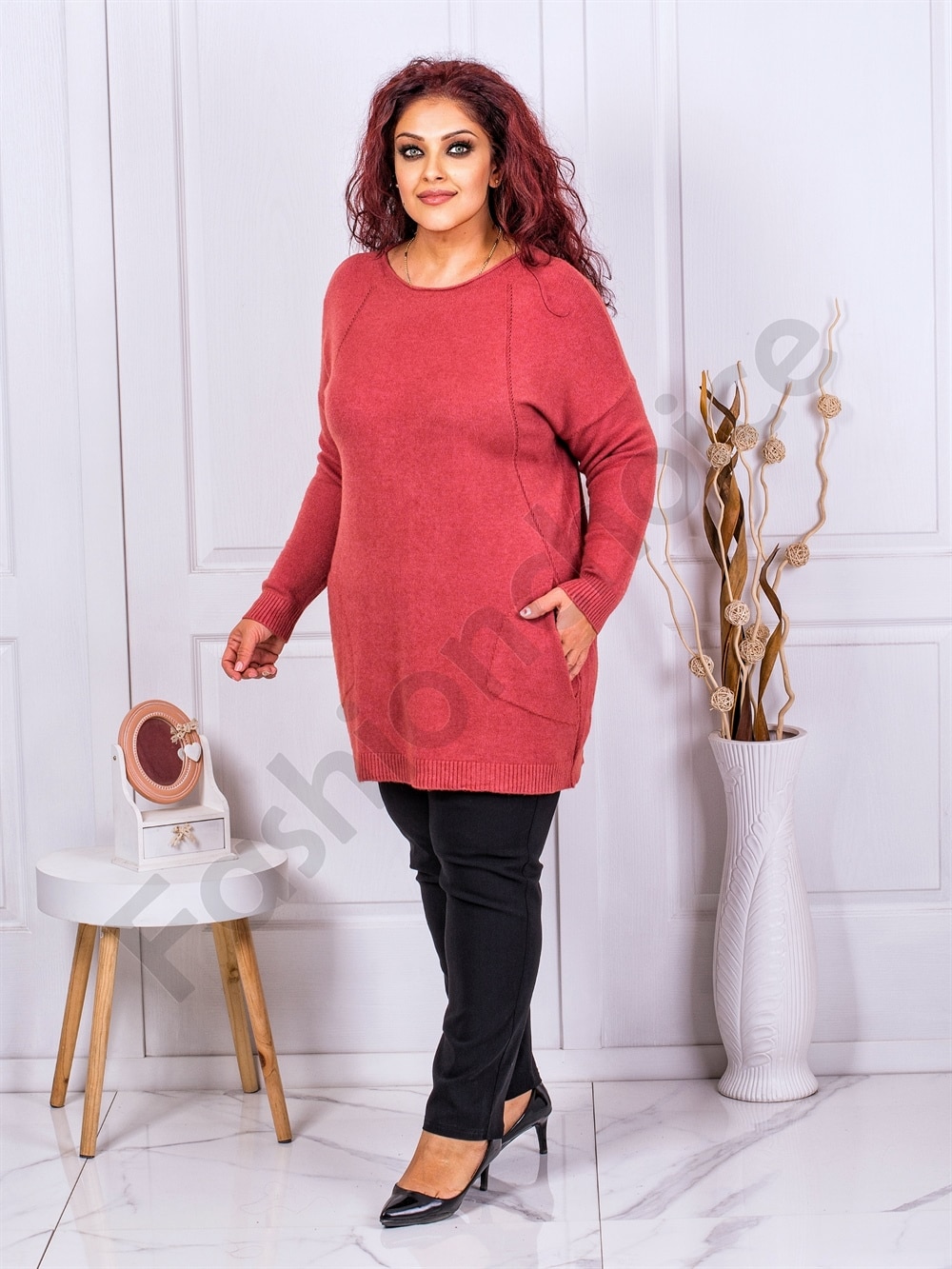 Plus size τουνίκ ψιλό πλεκτό με τσέπες-σομόν-κωδ 2021-8