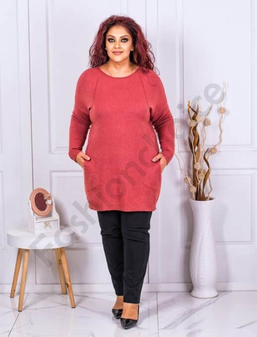 Plus size τουνίκ ψιλό πλεκτό με τσέπες-σομόν-κωδ 2021-8