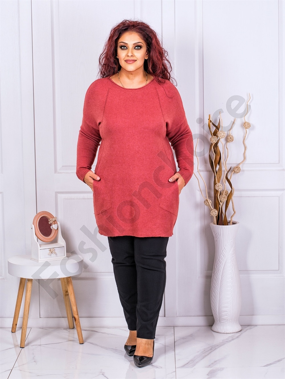 Plus size τουνίκ ψιλό πλεκτό με τσέπες-σομόν-κωδ 2021-8