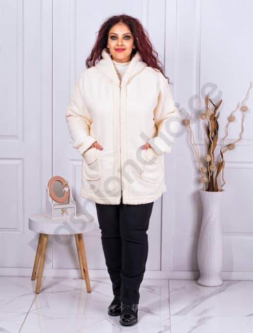 Plus size βελούδινο παλτό με κουκούλα-εκρού-κωδ 60797-2