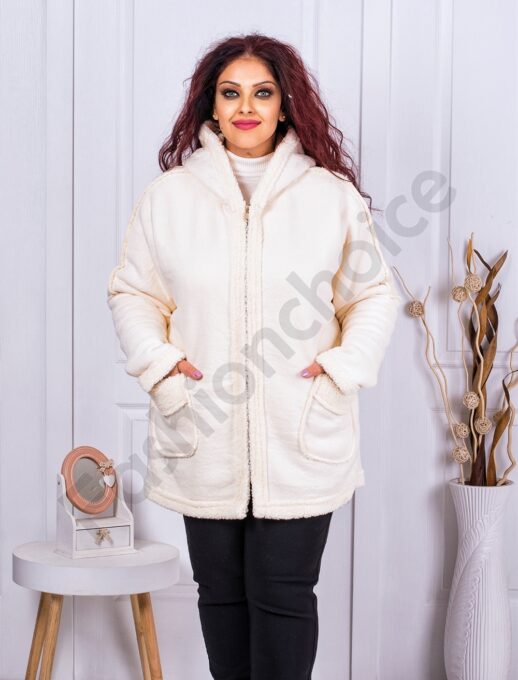 Plus size βελούδινο παλτό με κουκούλα-εκρού-κωδ 60797-2