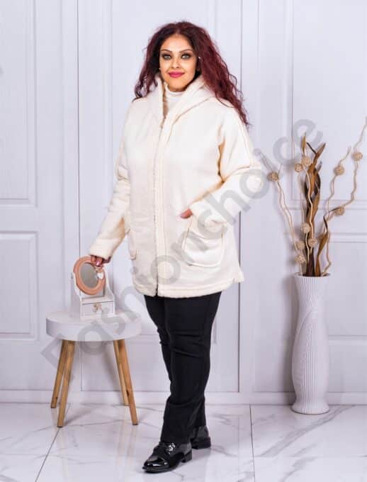 Plus size βελούδινο παλτό με κουκούλα-εκρού-κωδ 60797-2