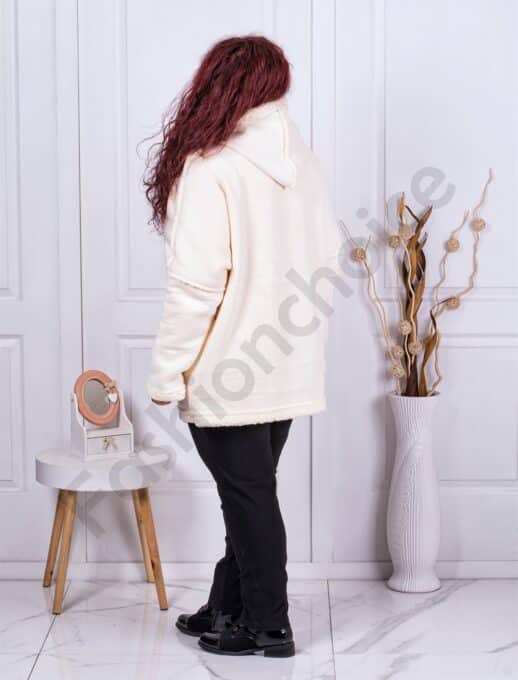 Plus size βελούδινο παλτό με κουκούλα-εκρού-κωδ 60797-2