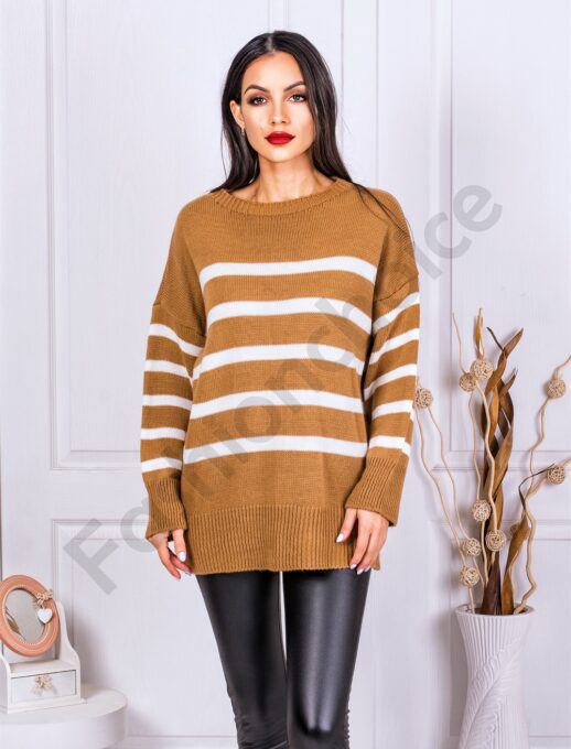 Γυναικείο Oversize ριγέ πουλόβερ-μπεζ-κωδ 23712-2