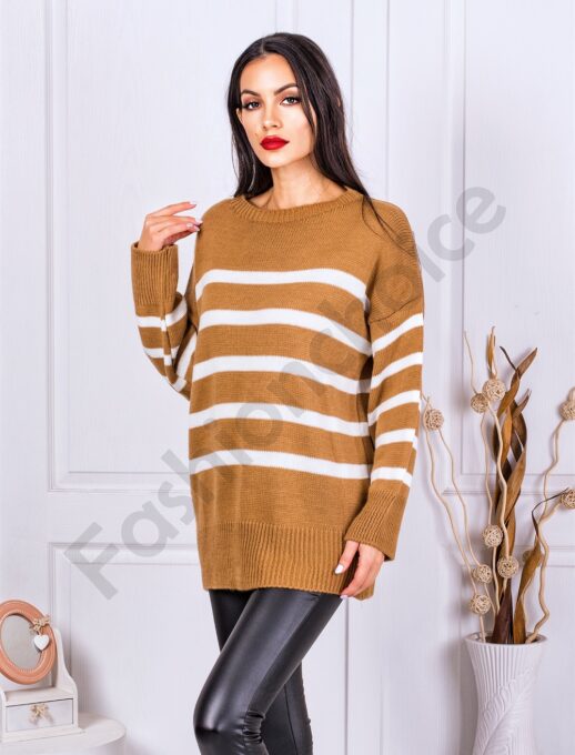 Γυναικείο Oversize ριγέ πουλόβερ-μπεζ-κωδ 23712-2