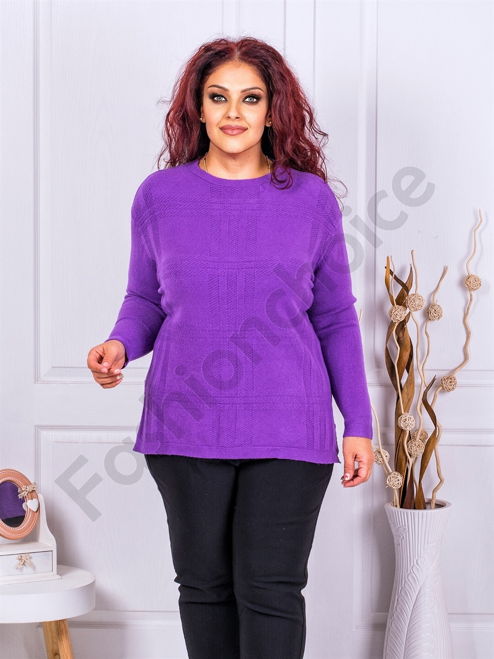 Plus size πλεκτή καρό μπλούζα-μωβ-κωδ 6380-2