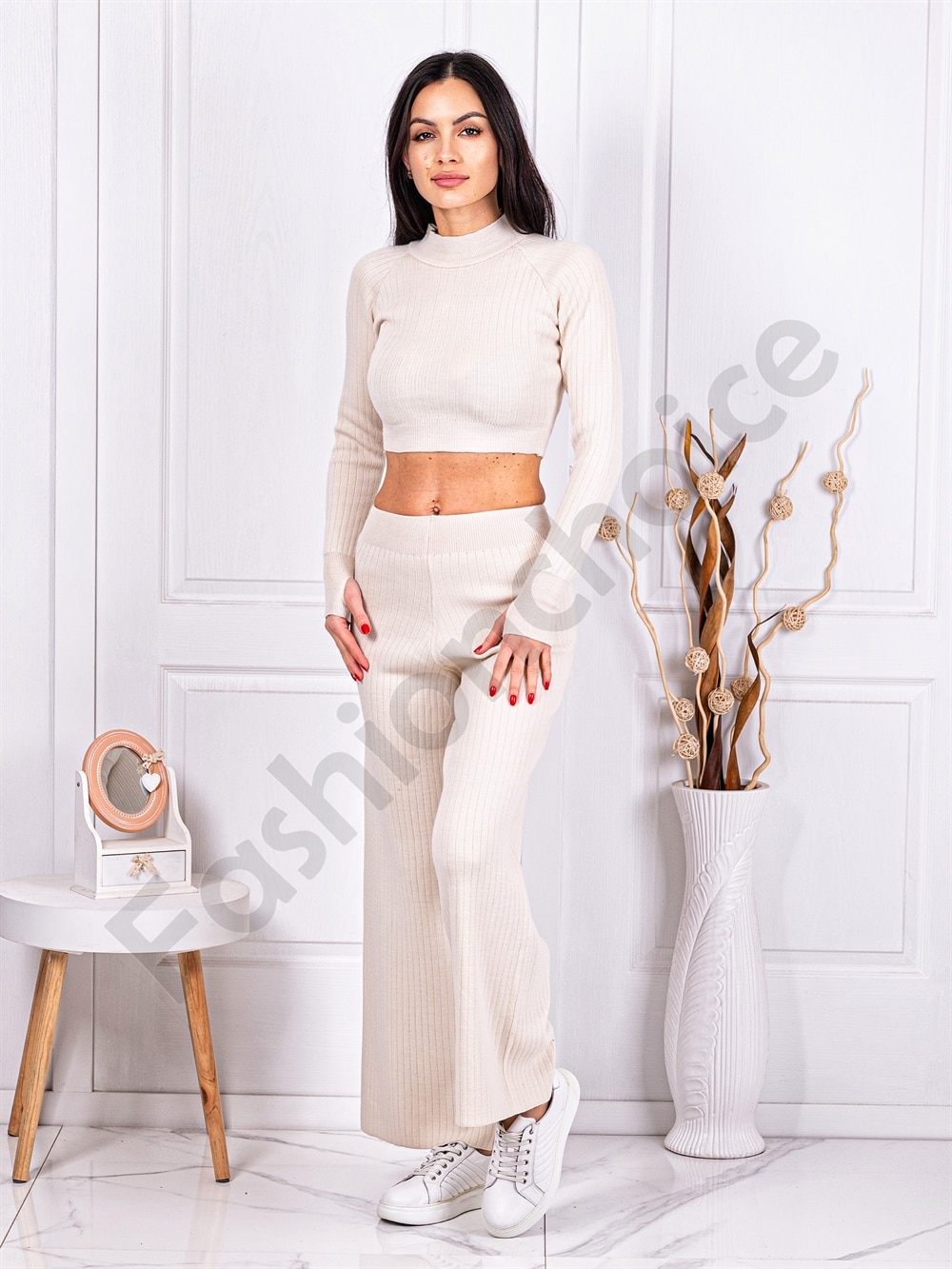 Γυναικείο σετ crop top και παντελόνι-εκρού-κωδ 4004-1