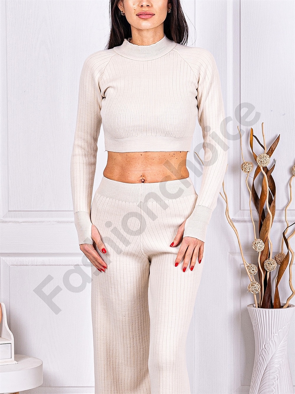 Γυναικείο σετ crop top και παντελόνι-εκρού-κωδ 4004-1