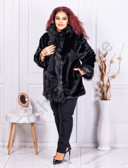 Plus size γούνινο παλτό με κουκούλα-μαύρο-κωδ 9055-4