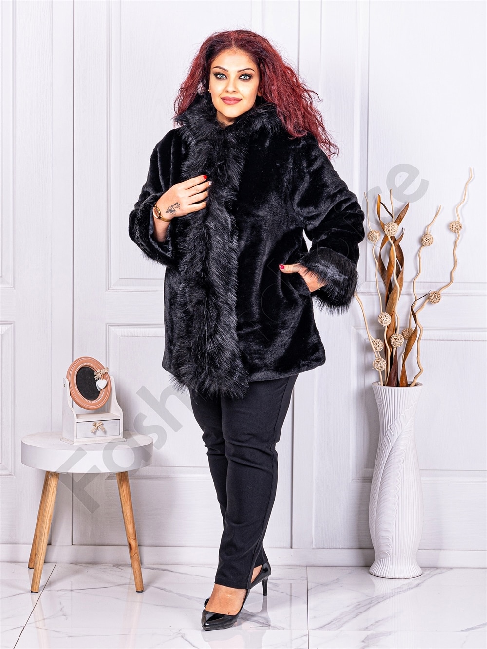 Plus size γούνινο παλτό με κουκούλα-μαύρο-κωδ 9055-4
