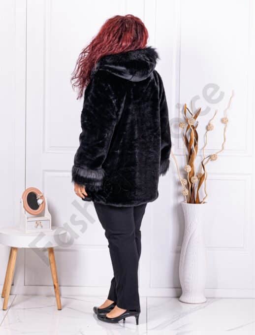 Plus size γούνινο παλτό με κουκούλα-μαύρο-κωδ 9055-4