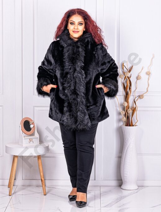 Plus size γούνινο παλτό με κουκούλα-μαύρο-κωδ 9055-4