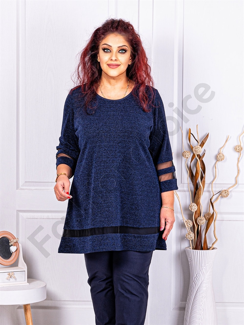 Plus size λούρεξ μπλούζα με τούλι-μπλε-κωδ 1399-4