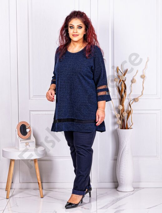 Plus size λούρεξ μπλούζα με τούλι-μπλε-κωδ 1399-4