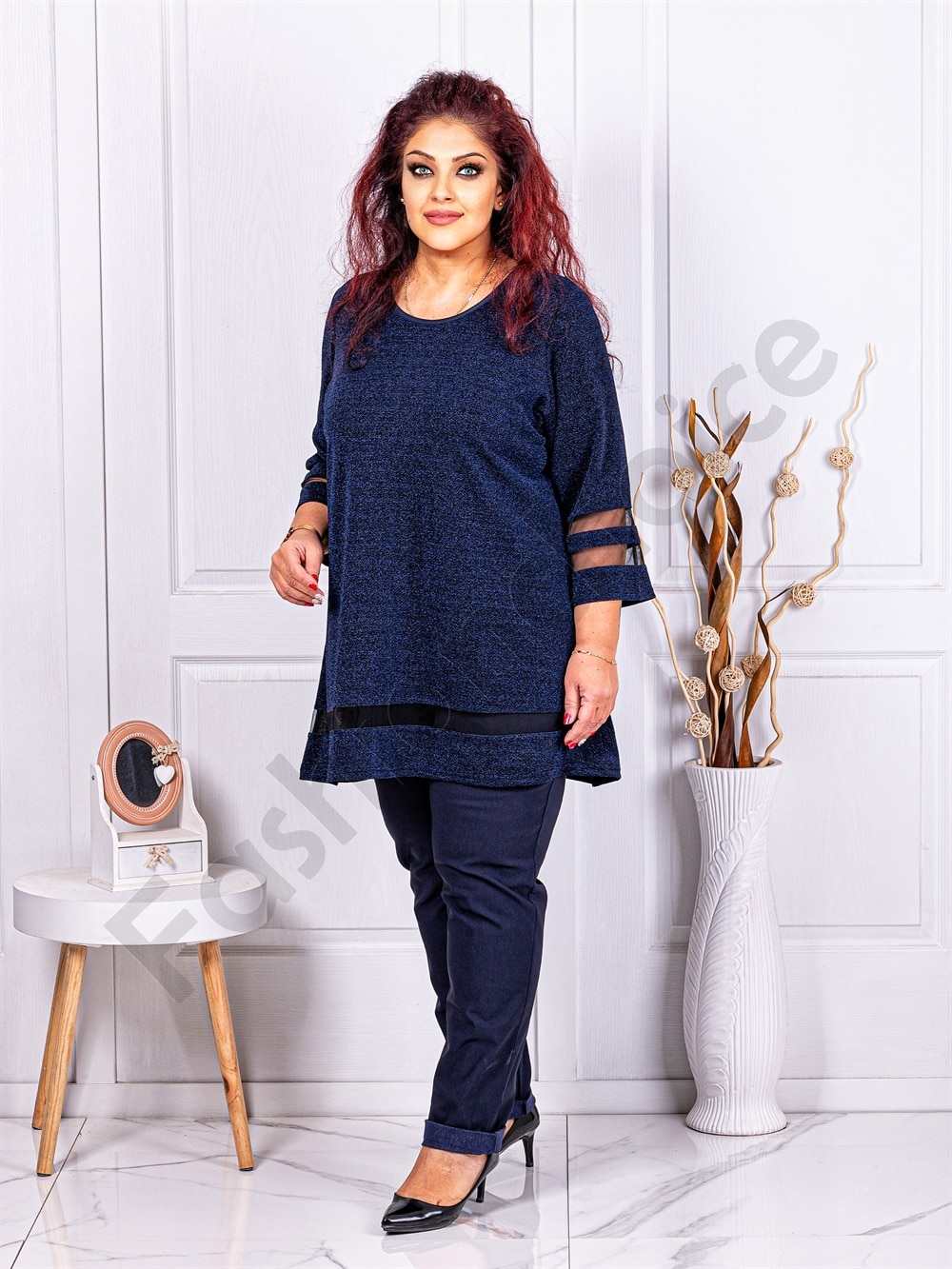 Plus size λούρεξ μπλούζα με τούλι-μπλε-κωδ 1399-4