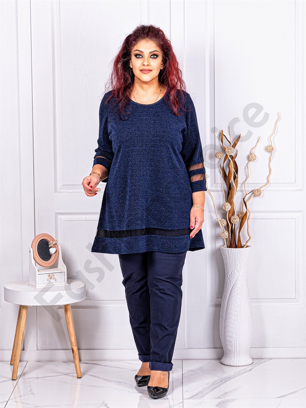 Plus size λούρεξ μπλούζα με τούλι-μπλε-κωδ 1399-4